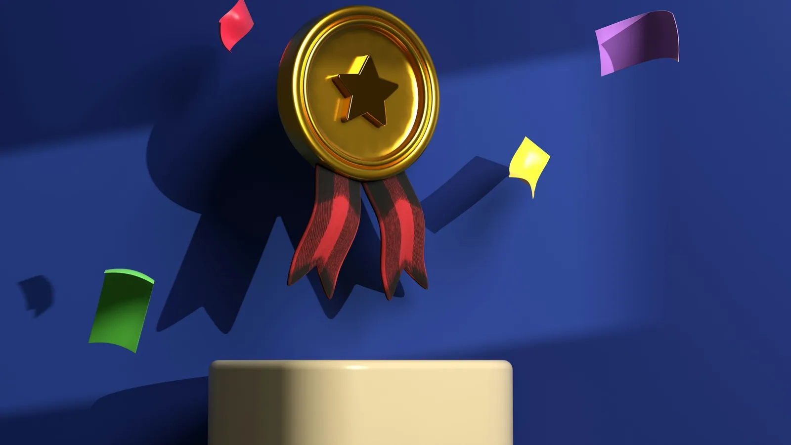 A gold medal with a star, among falling confetti on a deep blue background