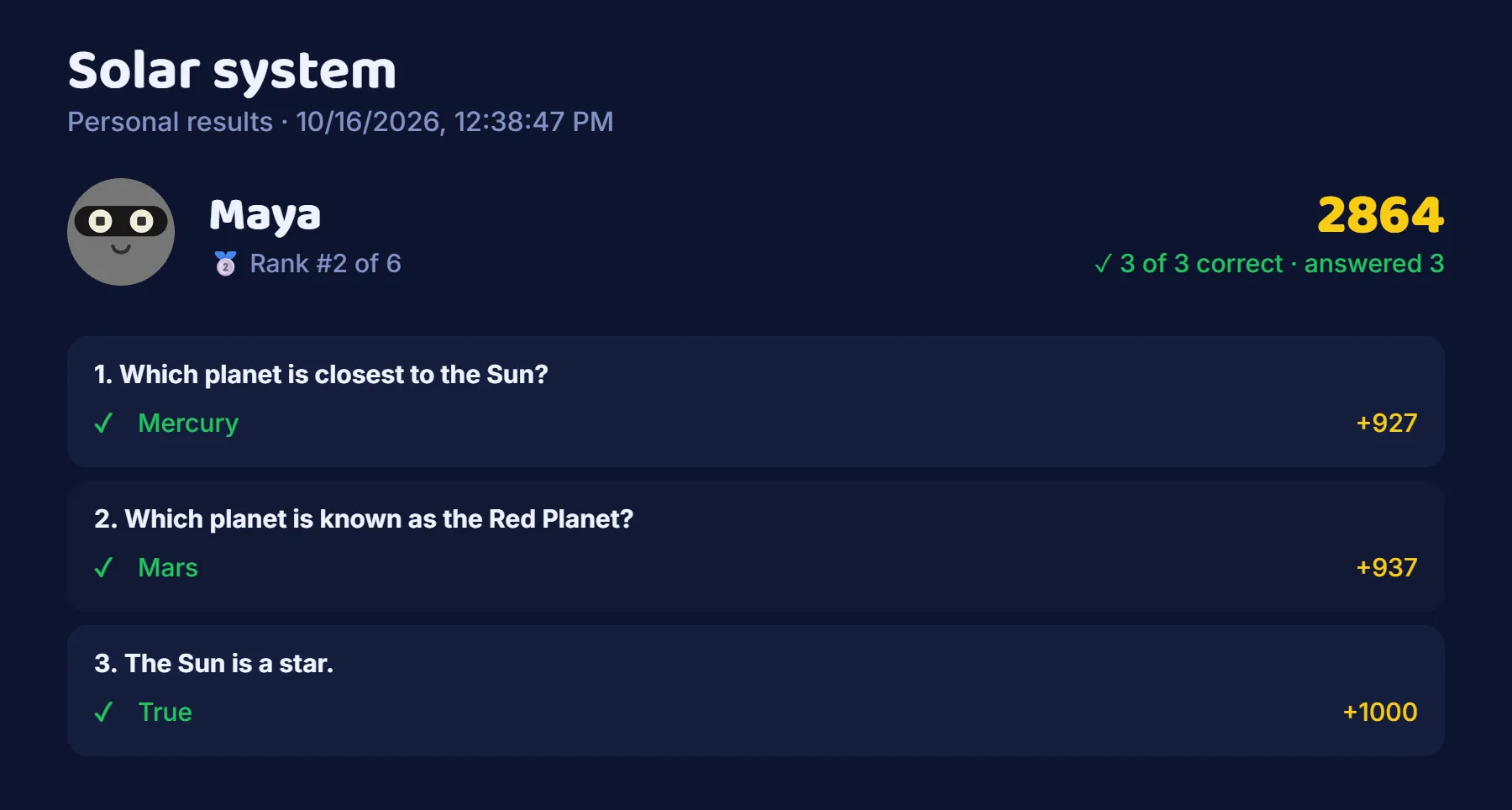 An exported result card for one player, with their answer to every question