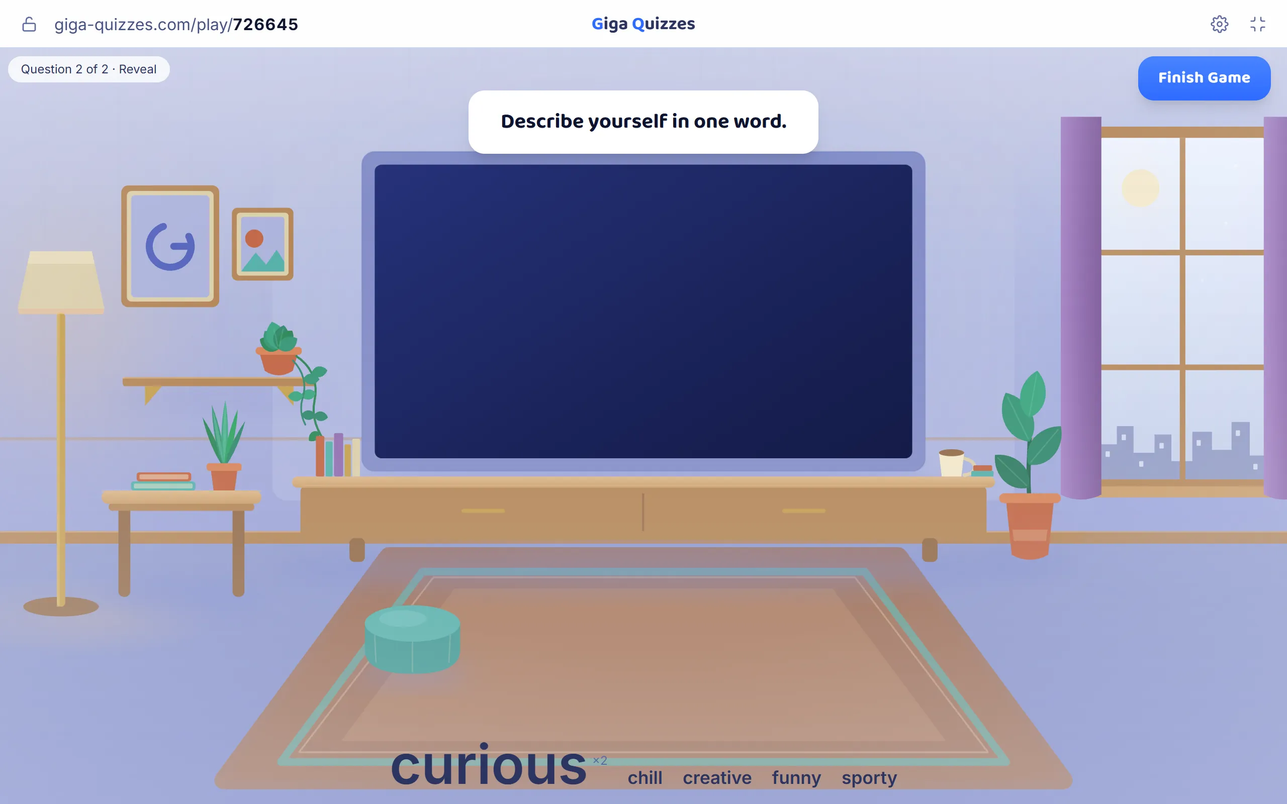 A word cloud of one-word self-descriptions, with “curious” the biggest