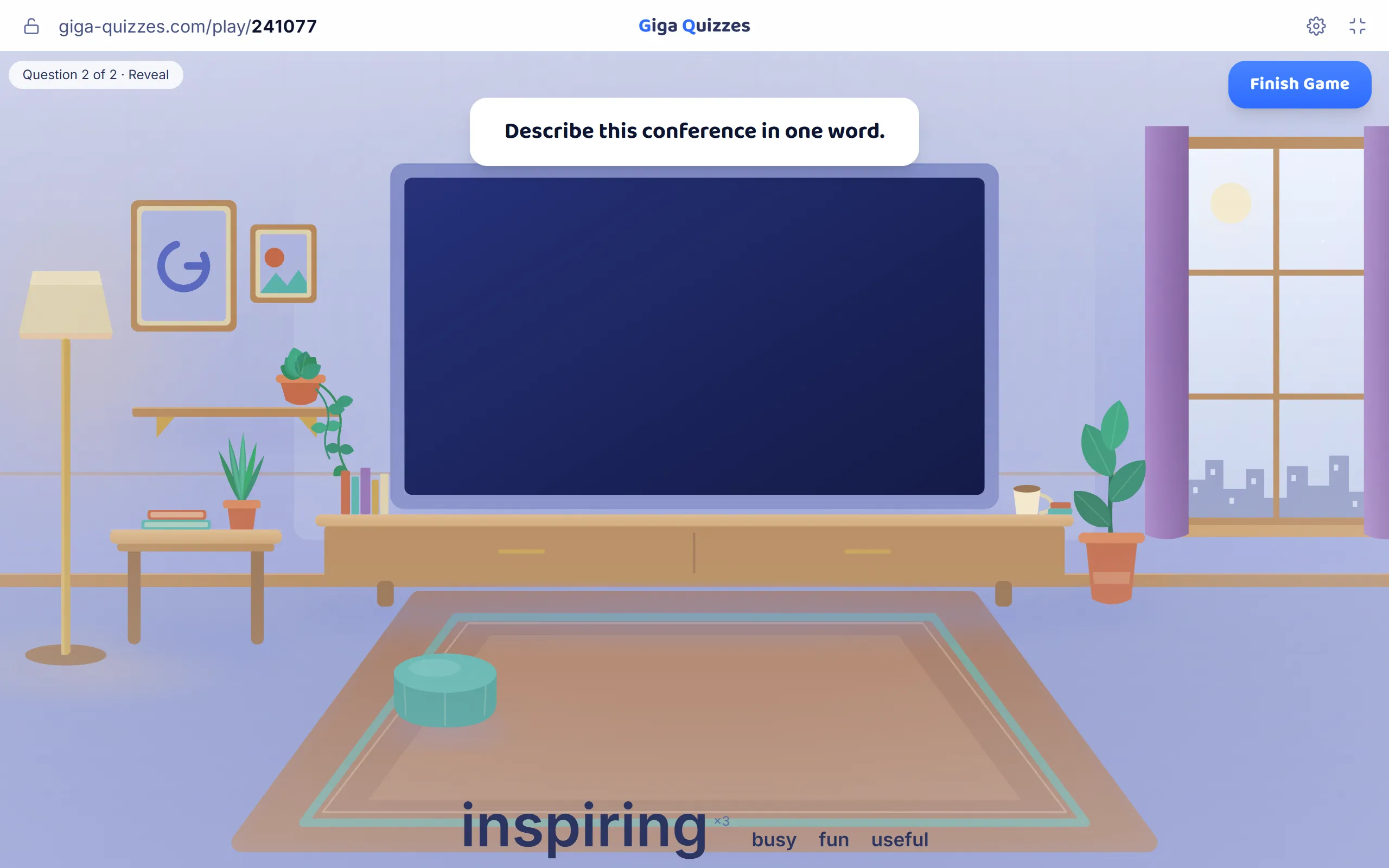 A word cloud: “inspiring” the biggest, with busy, fun and useful around it