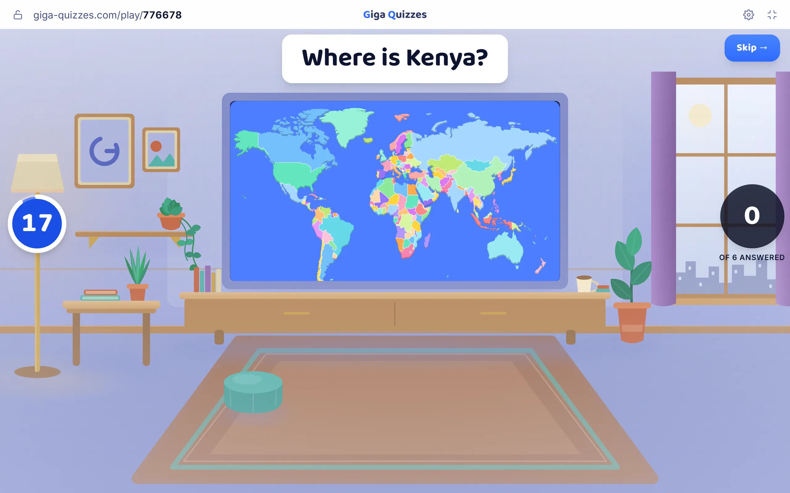 A map question on the big screen: the class has twenty seconds to find Kenya