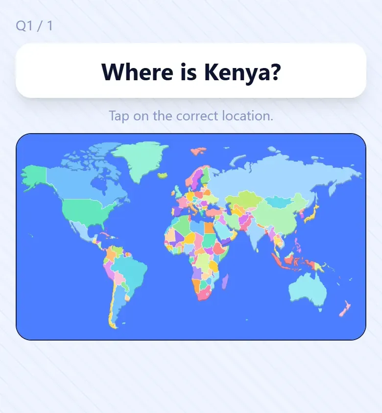 The same question on a student’s phone: tap the map where Kenya is