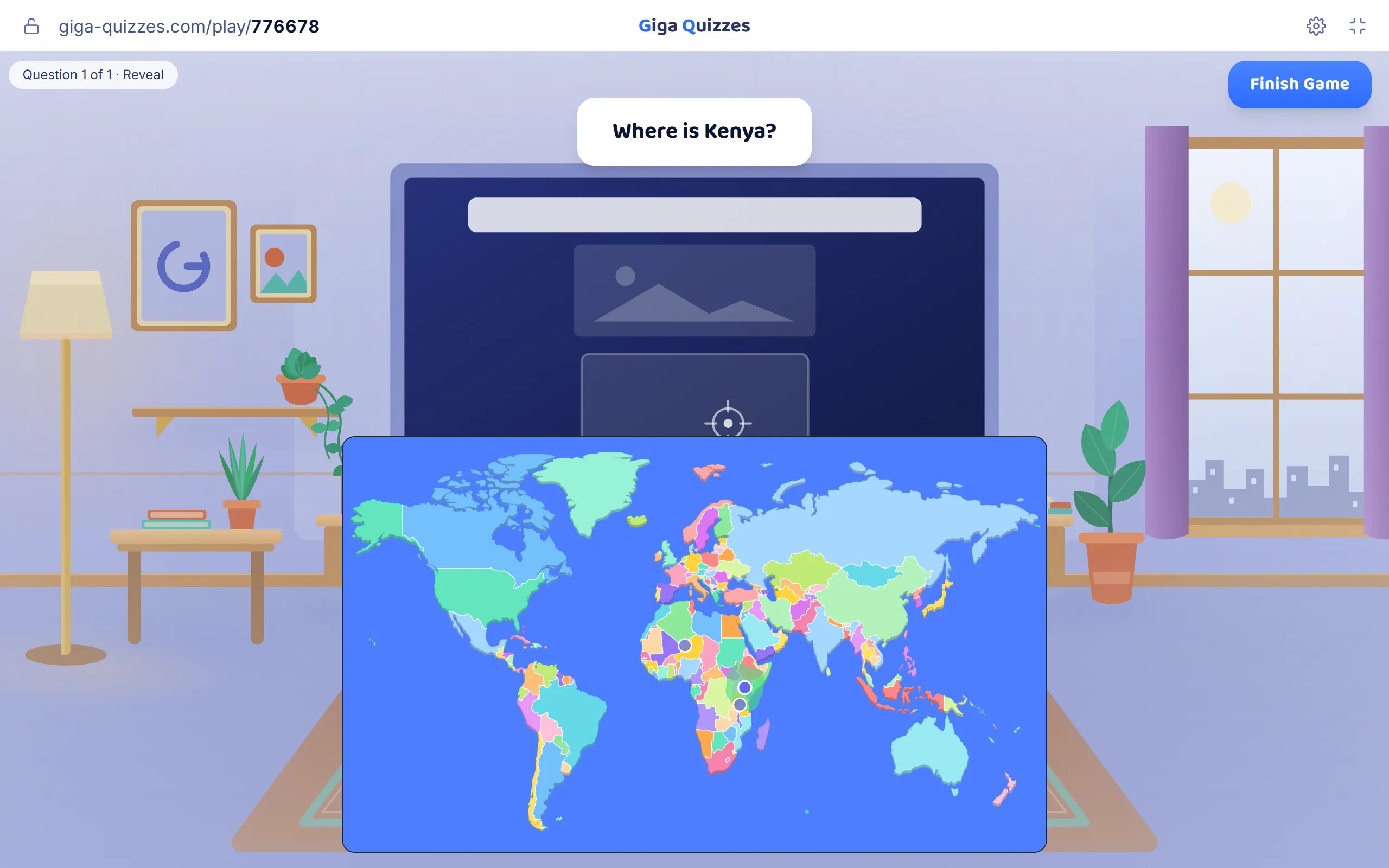 The reveal: Kenya marked on the map, with a dot for every tap in the class