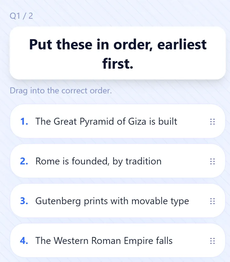 An ordering question on a student’s phone: drag the events into place, then lock in