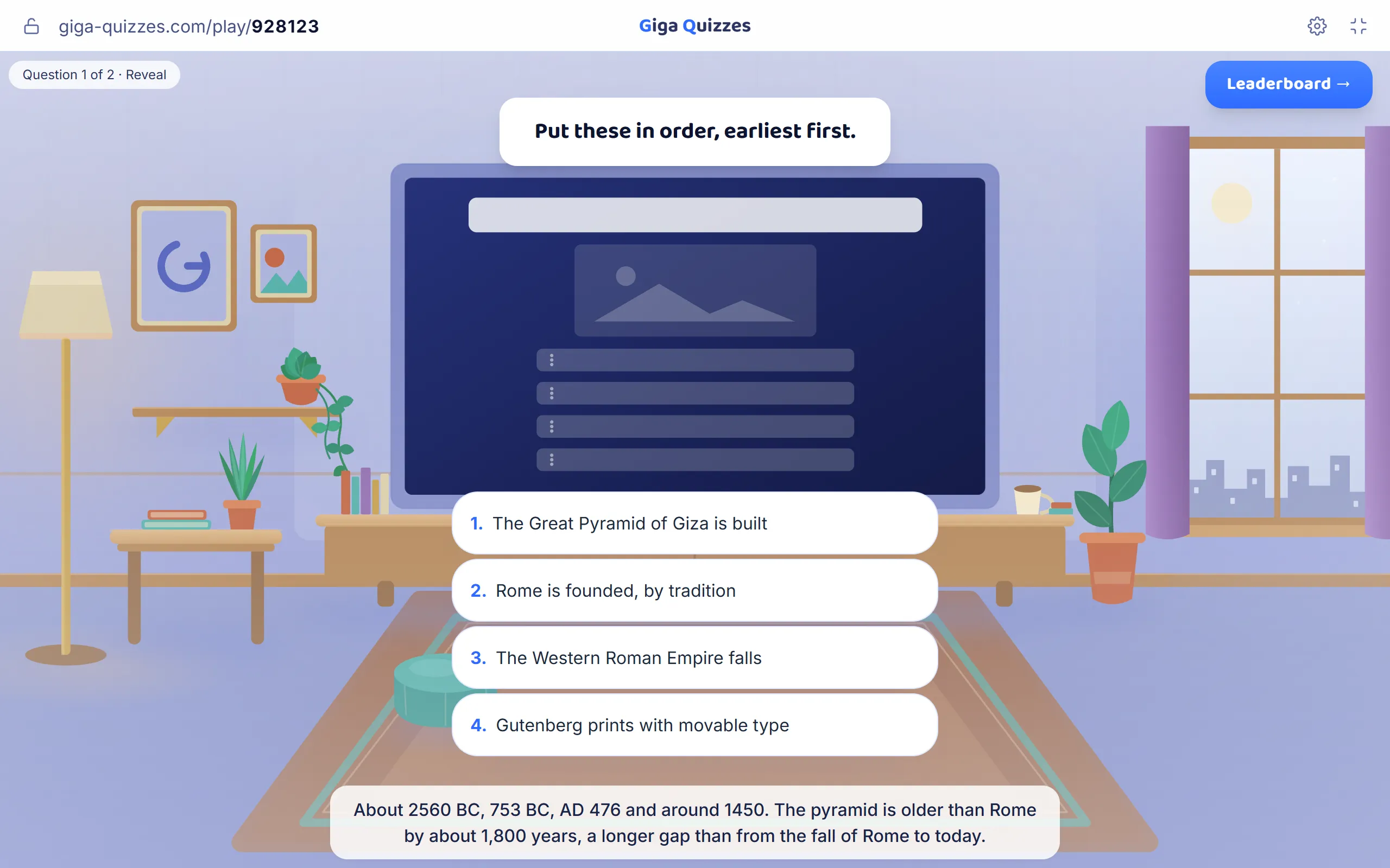 The reveal of an ordering question, with the explanation that ties the dates together