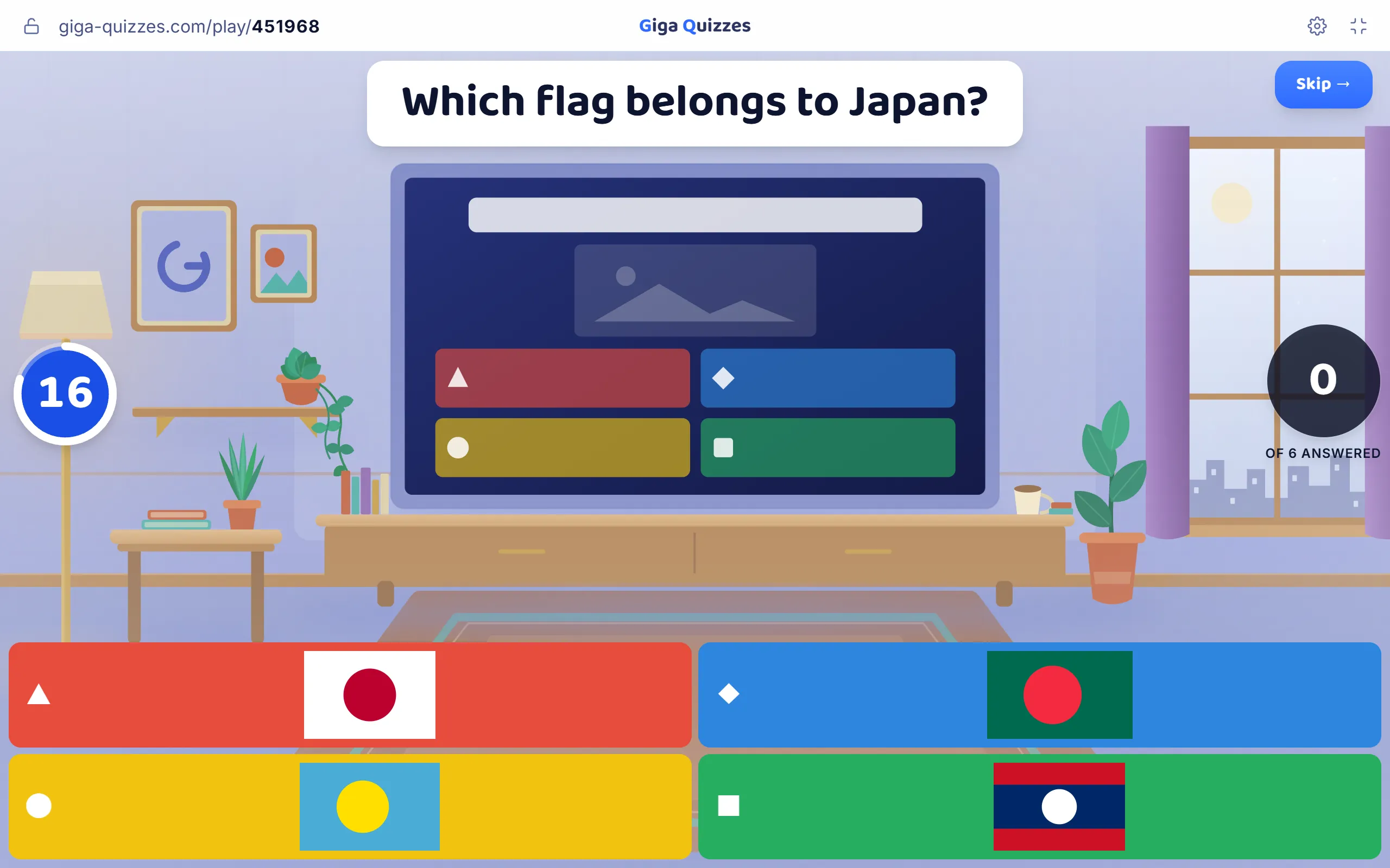 Four flags with a circle on them as the answers to “Which flag belongs to Japan?”