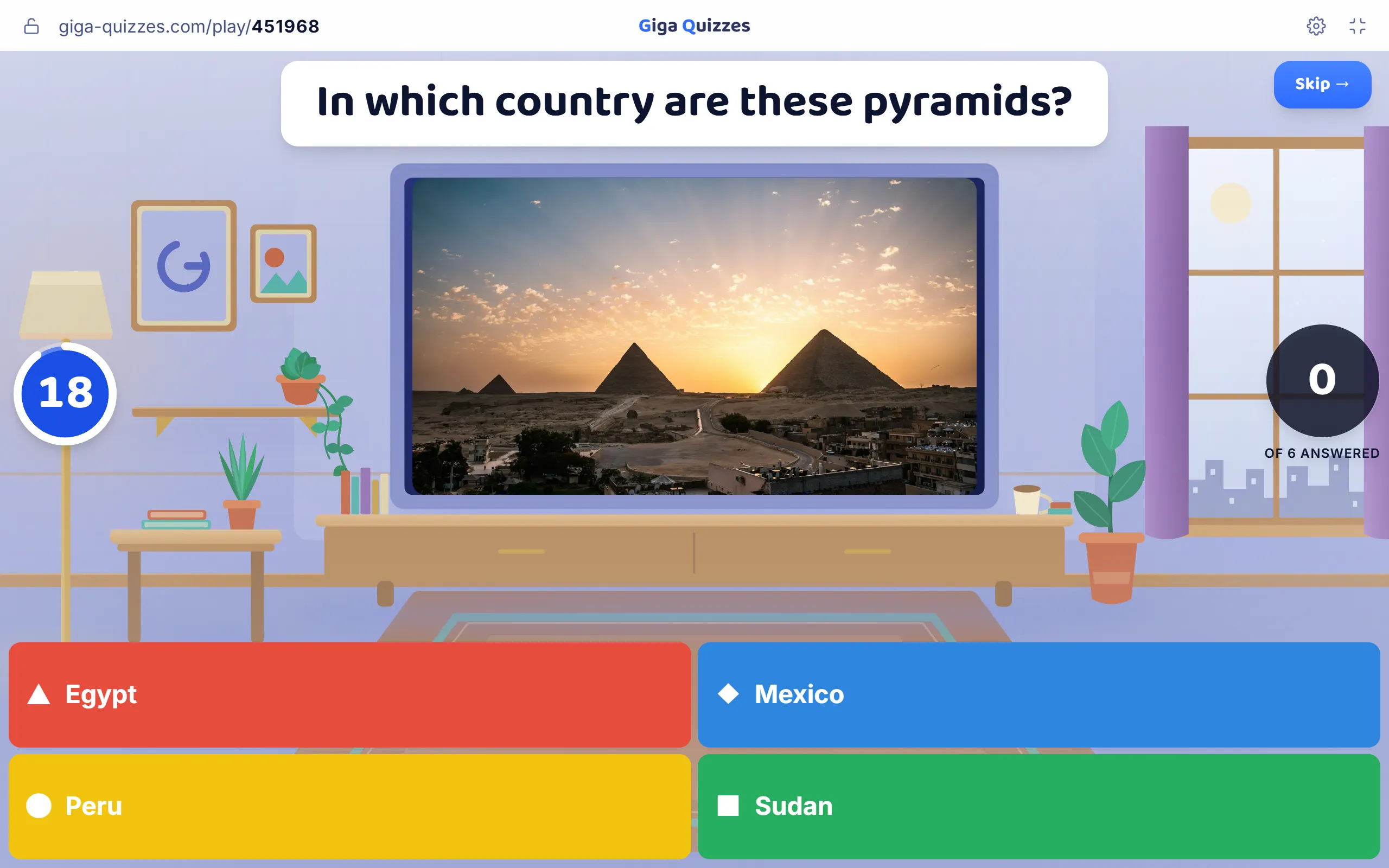 A photo of the pyramids at sunrise above the question “In which country are these pyramids?”