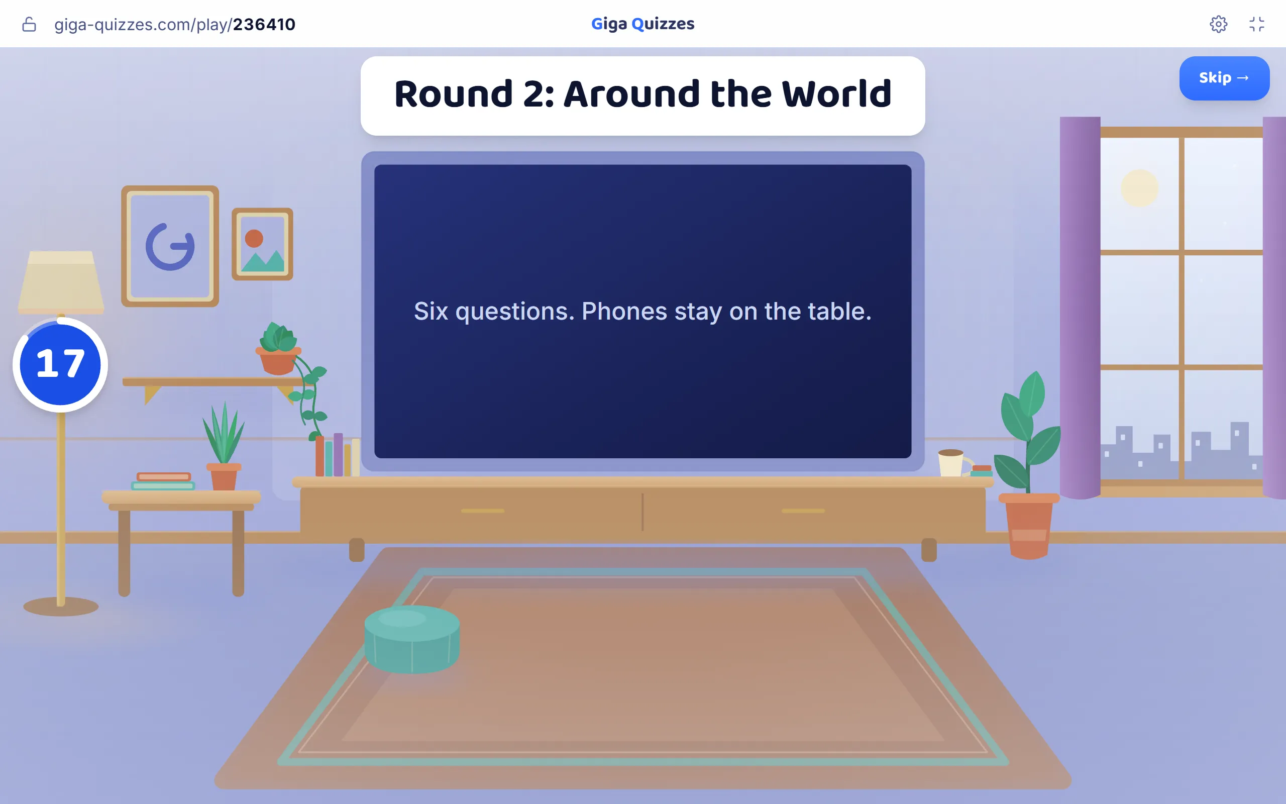 A title slide on the TV: Round 2, Around the World
