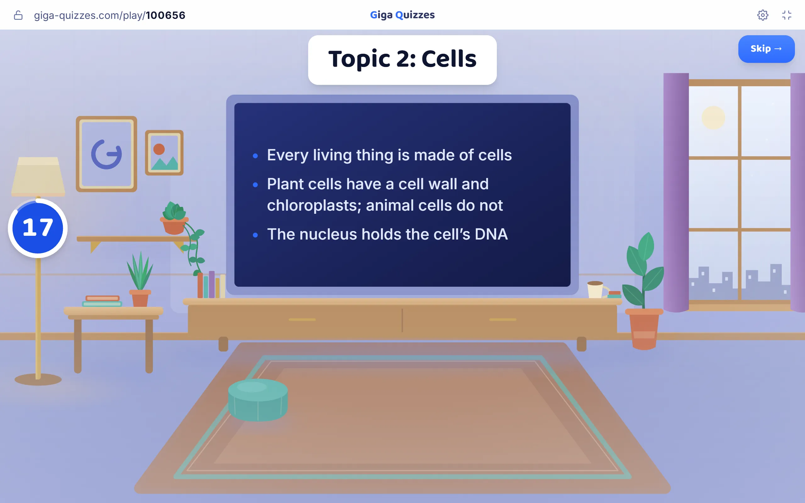 A bullet-point slide on the big screen: Topic 2, Cells