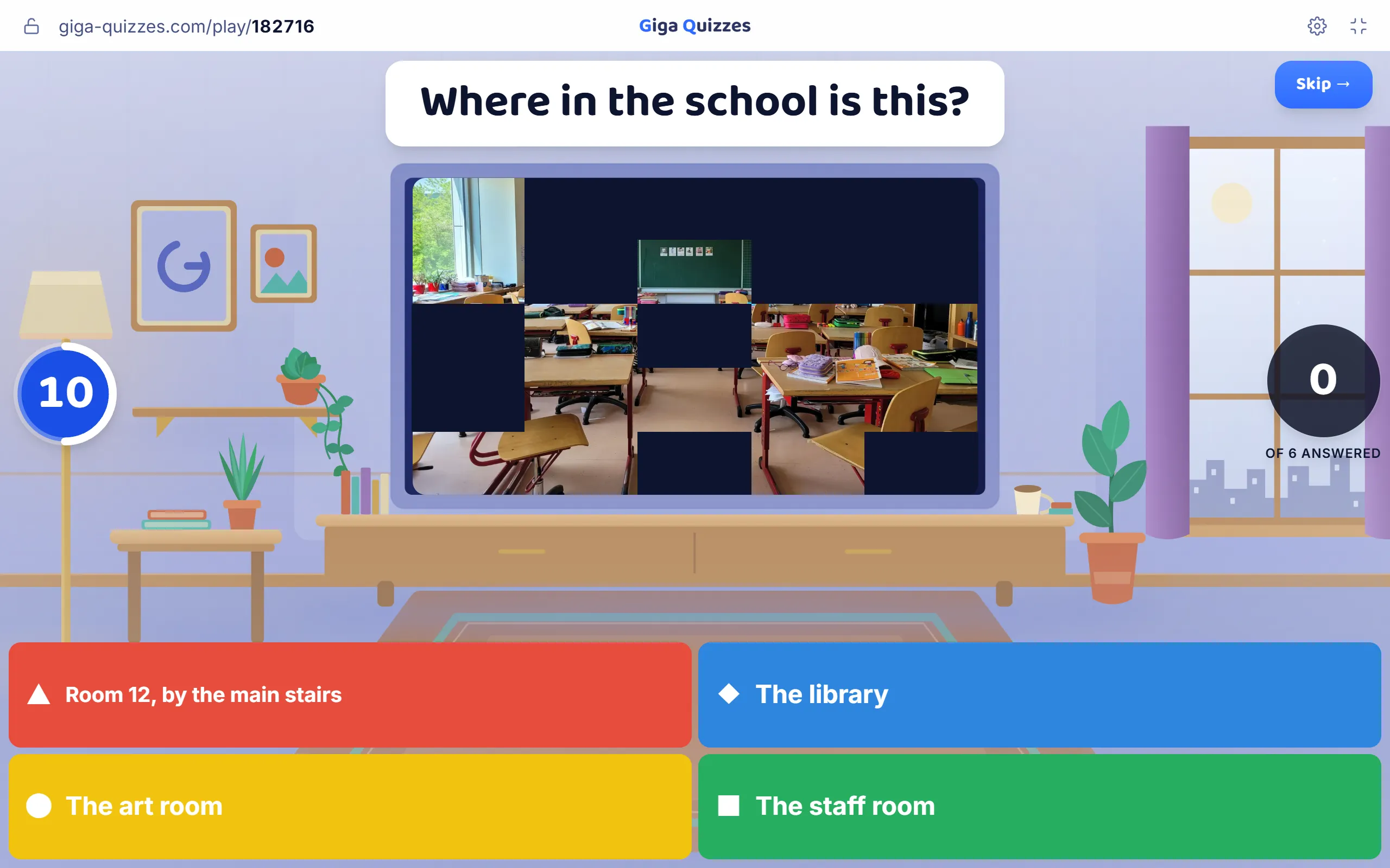 A classroom photo uncovering itself tile by tile: where in the school is this?