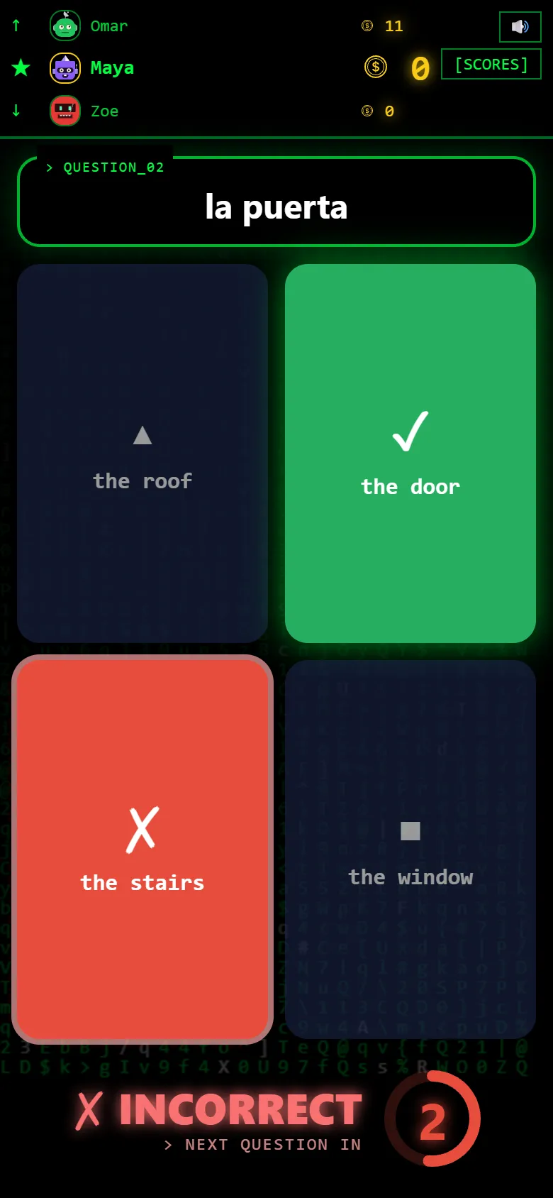 A wrong answer: the phone marks the right meaning and locks for a moment