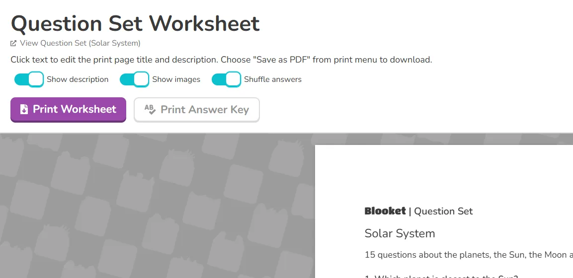 Blooket’s print page, with the Print Answer Key button and the Shuffle answers switch