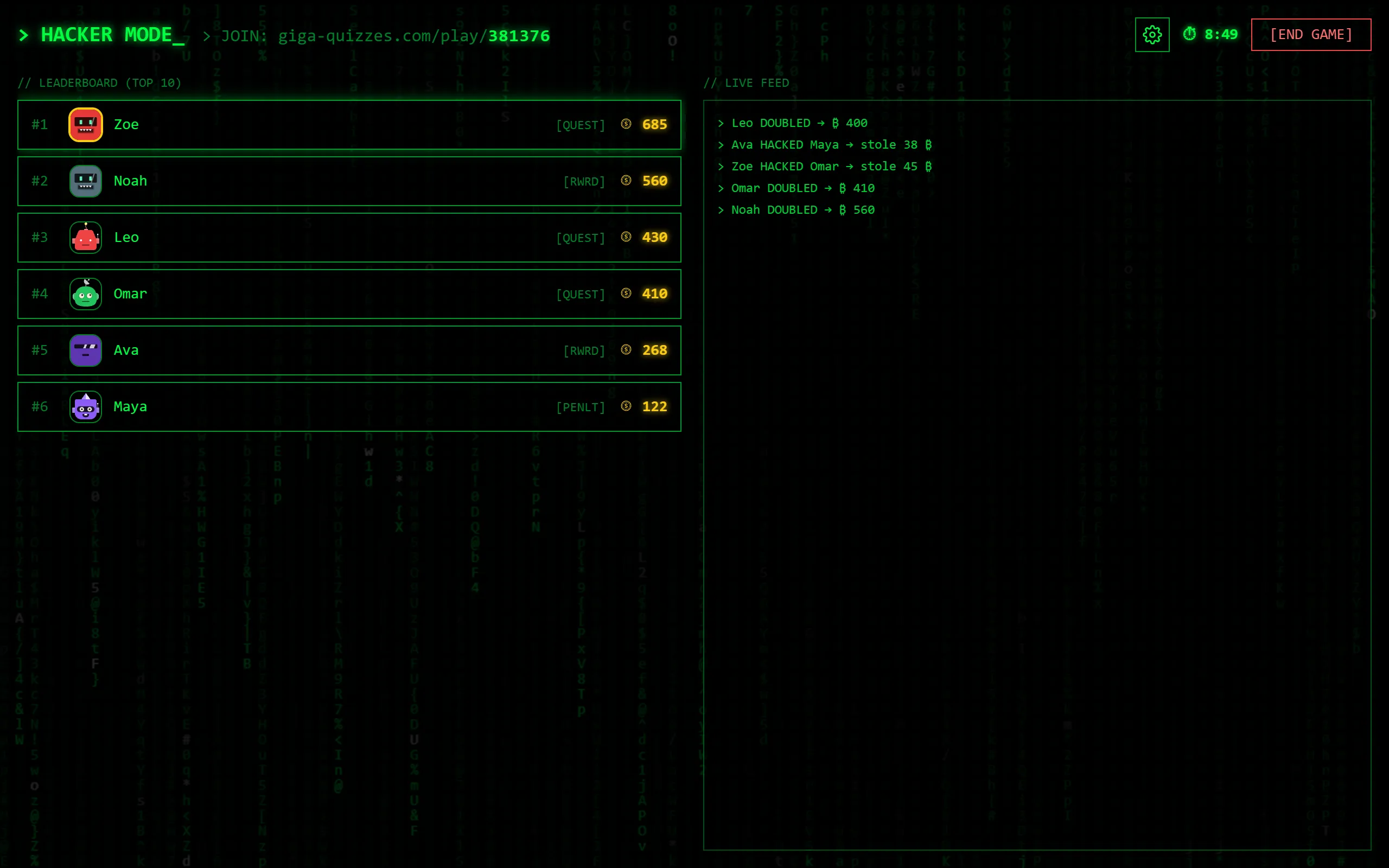 The room screen during the game, on a computer