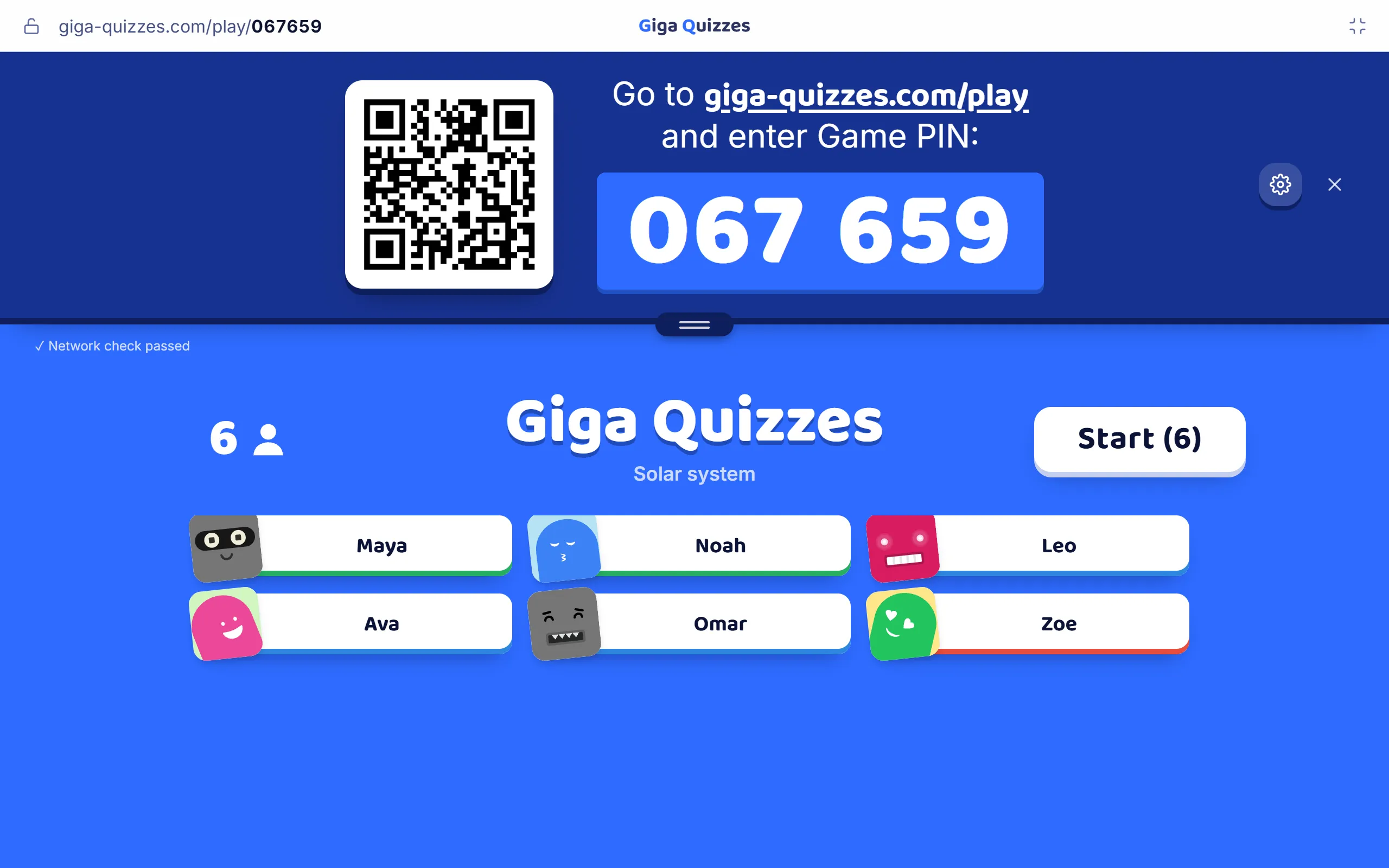 The board as a game opens: the room code, a QR code, and the players who have joined