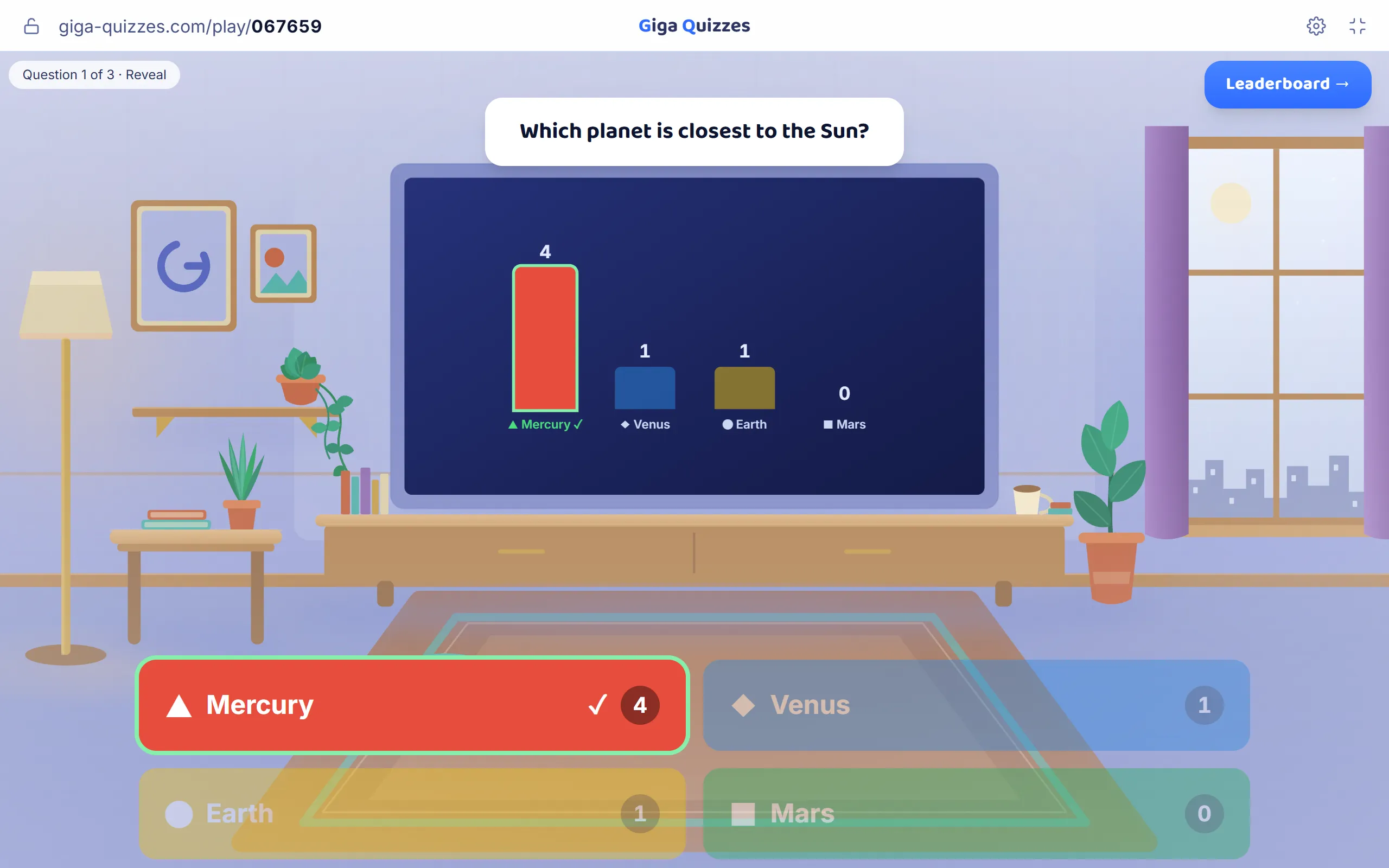The board after a question: a bar for each answer, with the right one marked