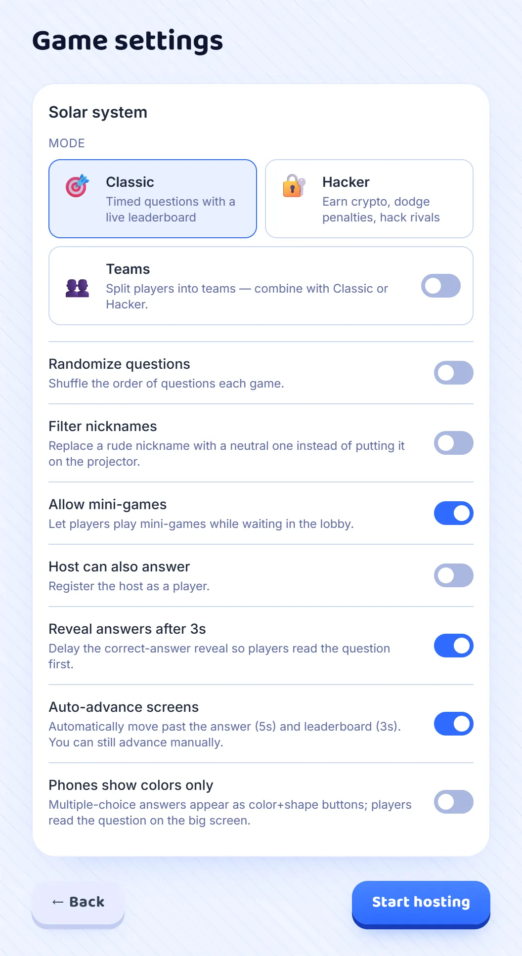 Choose the mode and the settings, on a computer