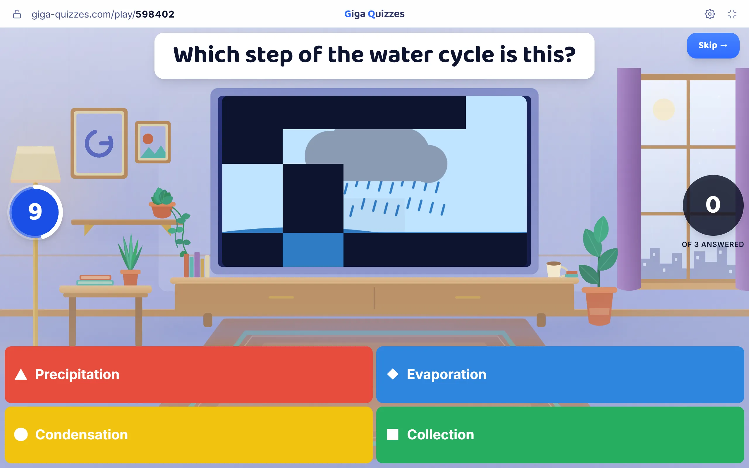 A picture uncovering itself tile by tile while the class guesses