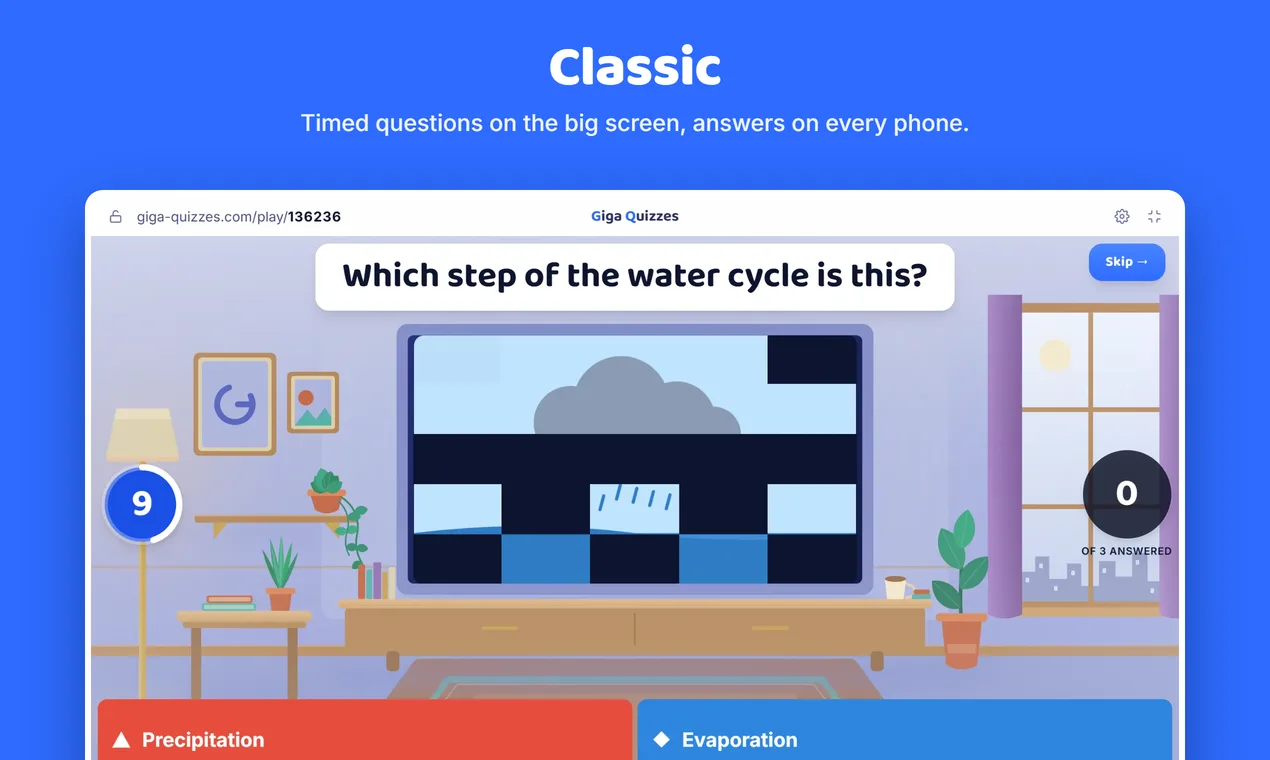 A Classic game on the host screen, with a question, a countdown and four coloured answers