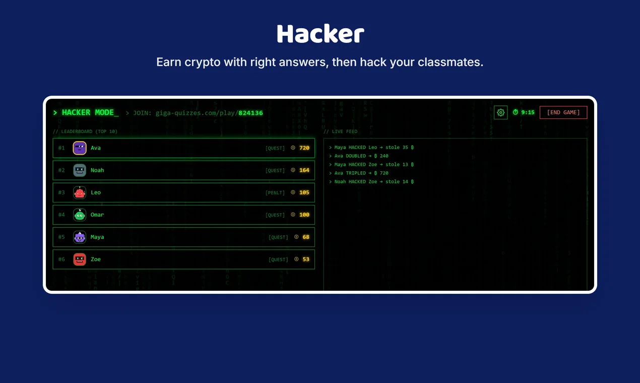 The Hacker mode host screen with a leaderboard of crypto and a live feed of hacks