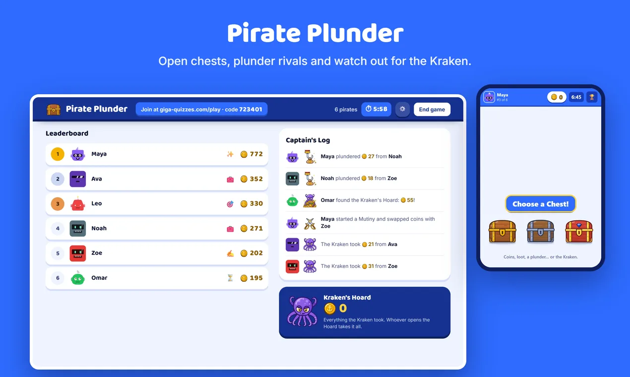 Pirate Plunder on the host screen beside a phone choosing a treasure chest