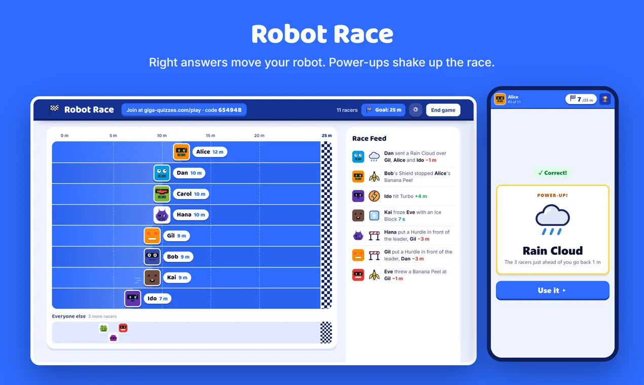 Robot Race on the host screen, robots on a track, beside a phone holding a power-up