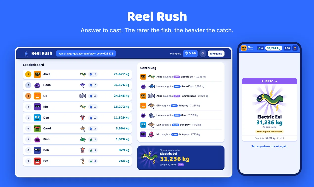 Reel Rush on the host screen with a leaderboard in kilograms, beside a phone that caught an epic fish