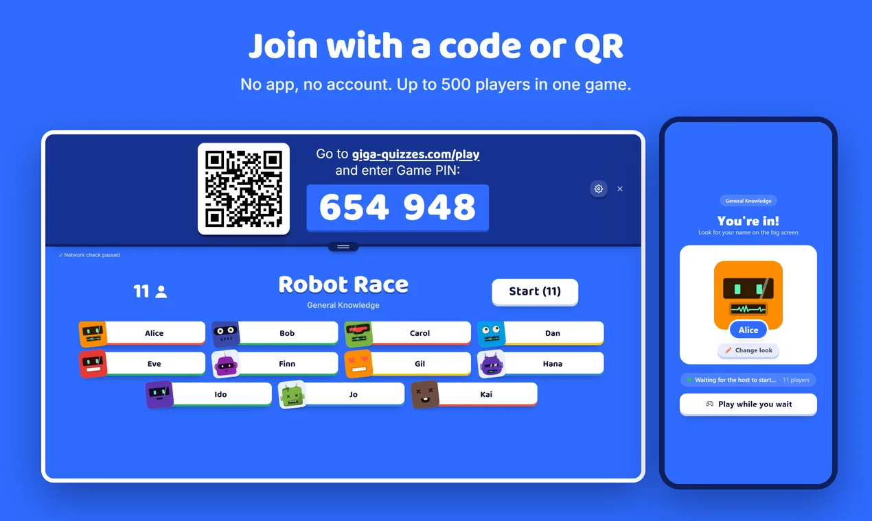 The waiting room with a QR code and a game PIN, beside a phone that has joined