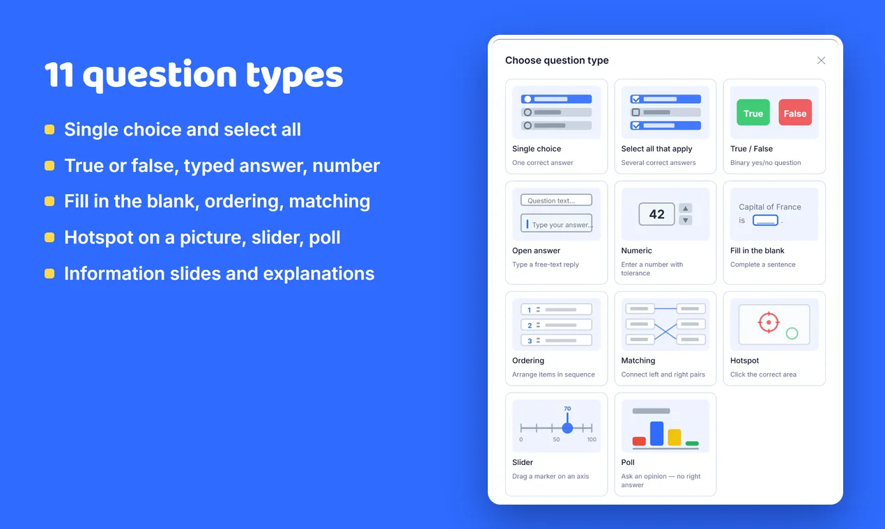 The question type picker in the Giga Quizzes editor