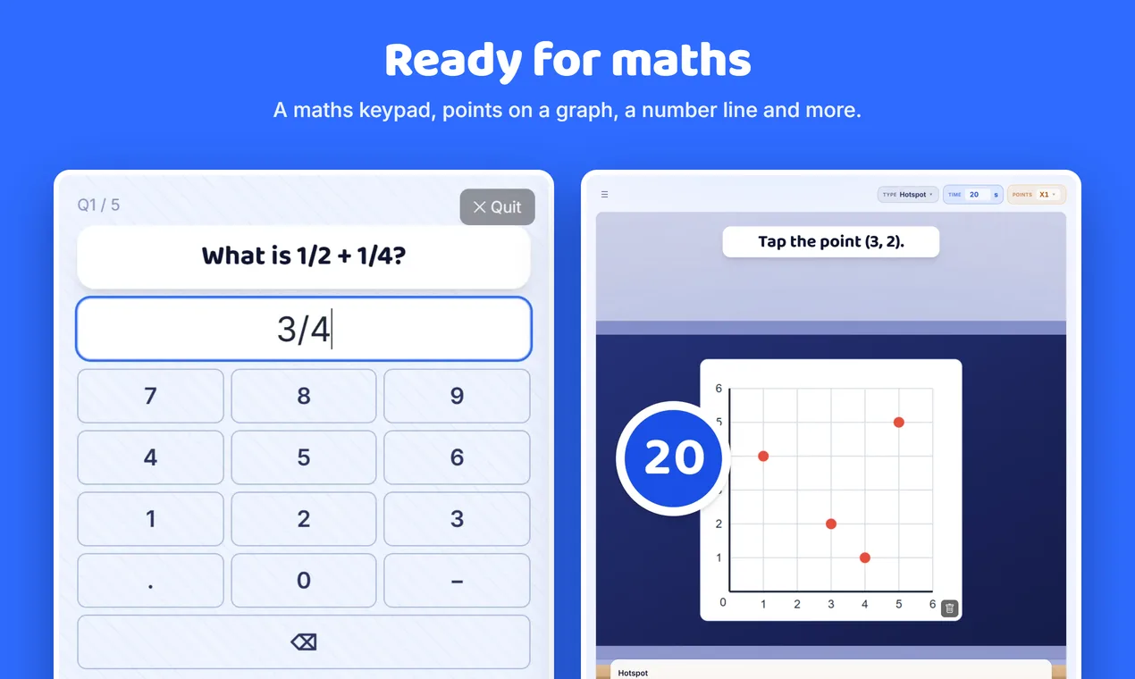 A fraction question answered on a maths keypad, and a question that asks for a point on a graph