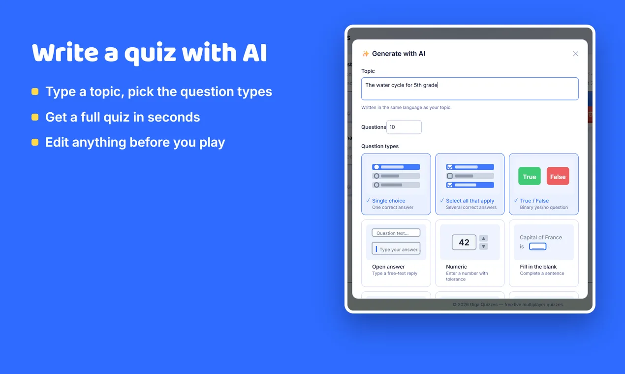 The Generate with AI window with a topic and question types chosen