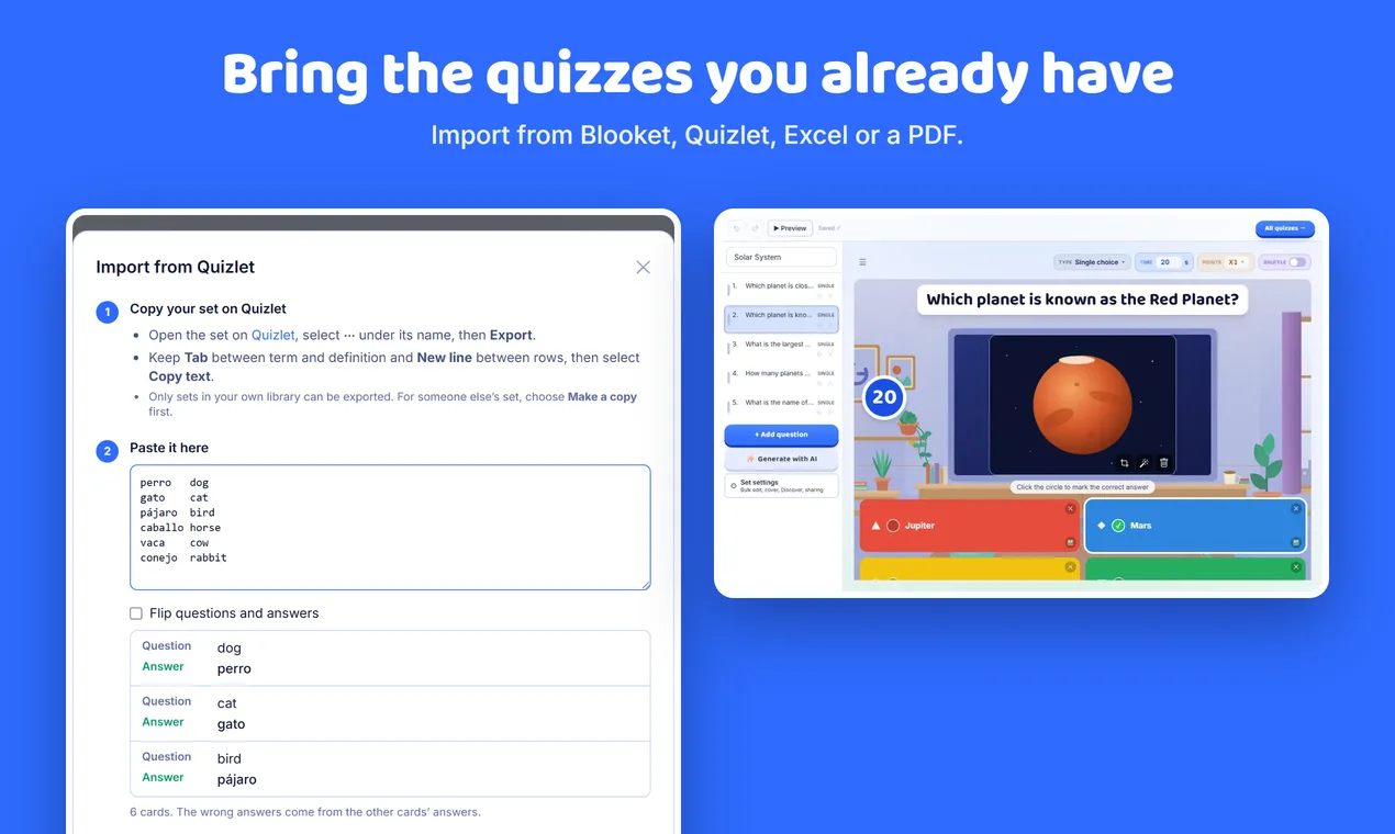 The Import from Quizlet window beside a quiz imported from a Blooket PDF