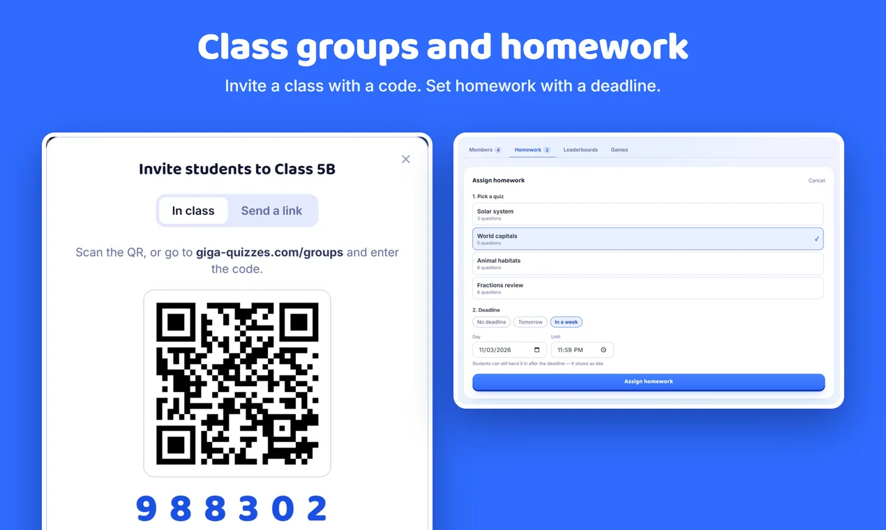 A class invite with a QR code and a code, beside the homework assignment window
