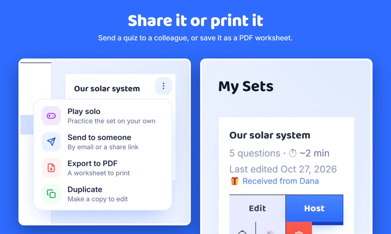 A quiz’s menu with Play solo, Send to someone, Export to PDF and Duplicate, beside a quiz received from a colleague