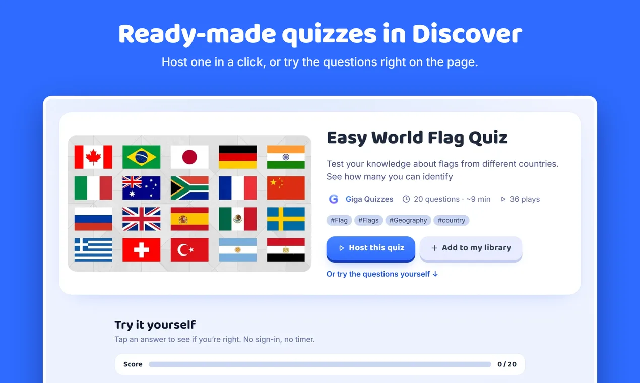 A Discover quiz page with Host this quiz and Add to my library
